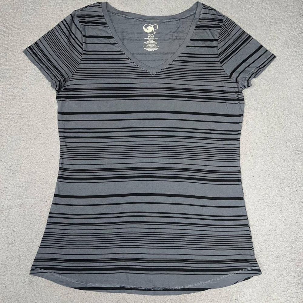 Ocean Pacific T Shirt Women's Sz XL 15/17 Gray Black Striped Curved Hem V-Neck